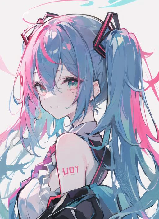 (masterpiece), (best quality),(miku),1girl,upper body,blush,grin,happy,backlight, <lora:topArtistChallengeLAM_TACLAMStyleV1:1>, lam_style, colorful_hair, facial_mark, neon_palette, halftone,