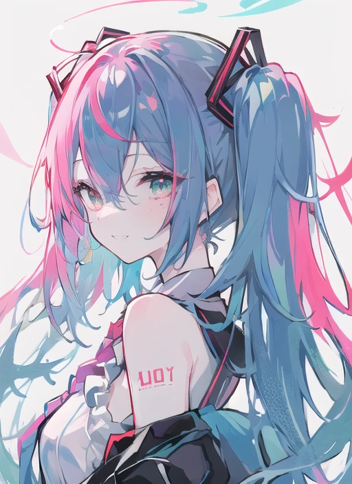 (masterpiece), (best quality),(miku),1girl,upper body,blush,grin,happy,backlight, <lora:topArtistChallengeLAM_TACLAMStyleV1:1>, lam_style, colorful_hair, facial_mark, neon_palette, halftone,