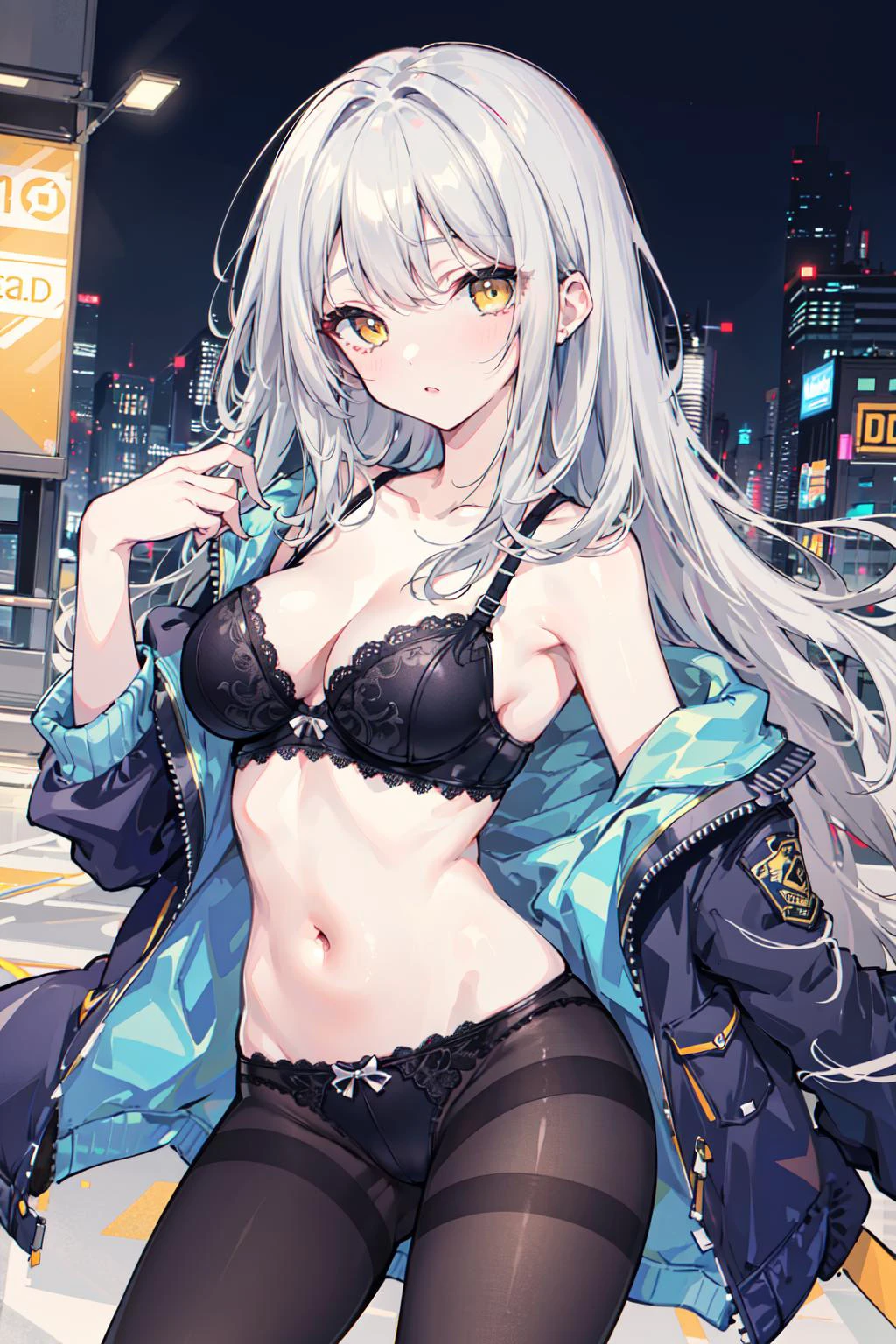 1girl, black_bra, black_panties, bra, breasts, head_out_of_frame,blue jacket, lace, lace_trim, long_hair, medium_breasts, mole_on_breast, navel, open_clothes, open_jacket, panties, panties_under_pantyhose, pantyhose, police, police_uniform, short_sleeves, solo, underwearal_youtuber, yellow_eyes,