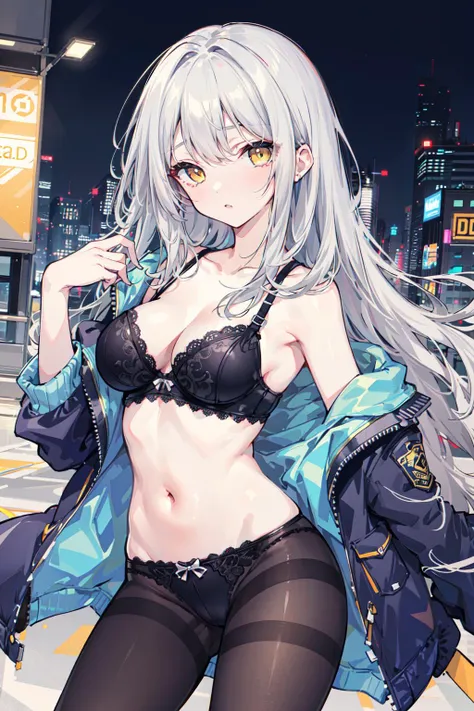 1girl, black_bra, black_panties, bra, breasts, head_out_of_frame,blue jacket, lace, lace_trim, long_hair, medium_breasts, mole_on_breast, navel, open_clothes, open_jacket, panties, panties_under_pantyhose, pantyhose, police, police_uniform, short_sleeves, solo, underwearal_youtuber, yellow_eyes,