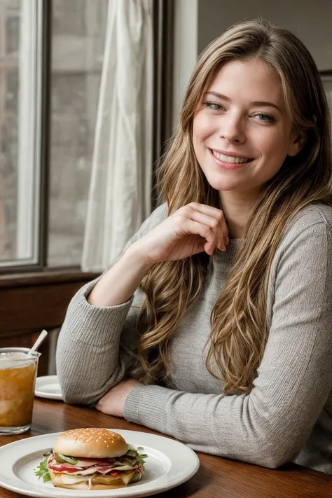 masterpiece, stunning portrait photo of (pytn:1.0), sitting by the table, at a restaurant, burger on a plate, looking at camera, smiling <lora:PeytonListDogu:1>