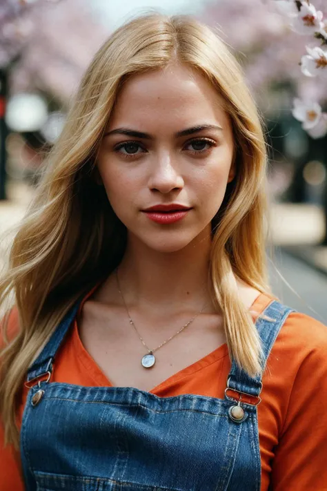 photo of fit (emw1ckersham-130:0.99), a beautiful woman, perfect blonde hair, smiling, (modern photo), (Red Orange denim overalls and long sleeve top), closeup portrait, 85mm, (analog, cinematic, film grain:1.3), (A bustling, vibrant Tokyo street during cherry blossom season:1.1), detailed eyes, seductive pose, painted lips, (epicPhoto), (looking at viewer:1.1), jewelry, (cinematic shot:1.3), (natural lighting, lit from above)