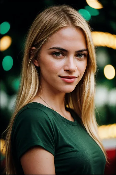 photo of fit (emw1ckersham-130:0.99), a beautiful woman, perfect blonde hair, (smiling), (modern photo), (Christmas Green compression shirt), closeup portrait, 85mm, (analog, cinematic, film grain:1.3), (halftone background:1.1), detailed eyes, seductive pose, (epicPhoto), (looking at viewer:1.1), jewelry, (cinematic shot:1.3)