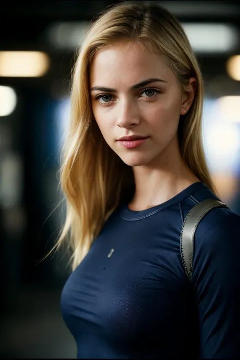 photo of fit (emw1ckersham-130:0.99), a beautiful woman, perfect blonde hair, smiling, (modern photo), (Indigo Blue compression shirt), closeup portrait, 85mm, (analog, cinematic, film grain:1.3), (Futuristic dystopian city viewpoint showcasing underground rebel hideouts:1.1), detailed eyes, seductive pose, painted lips, (epicPhoto), (looking at viewer:1.1), jewelry, (cinematic shot:1.3), (natural lighting, lit from above)