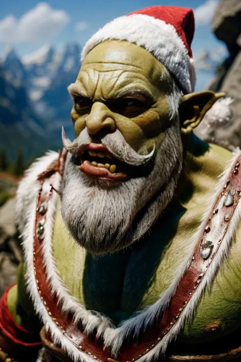 one ((orc)) with santa claus costume, (green skin),(long white beard:1.4),(santa claus hat),raging pose,full body shot,dynamic angle,stone cave in background,pointy ears,masterpiece,wallpaper,8k,realistic skin texture,veins,dslr,bone necklace,detailed, <lora:orczor_v4.0:0.8> orczor,    <lora:detail_slider_v4:0.9>