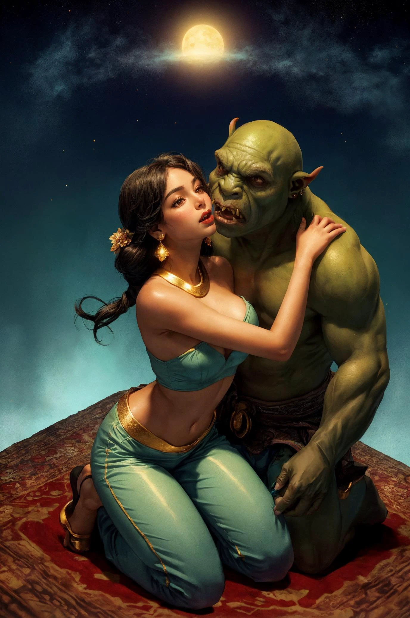 1girl, 1boy, orczor, (Jasmine kiss orc:1.4), jasmine \(disney\), arabian clothes, black hair, blue pants, breasts, dark-skinned female, multi-tied hair, earrings, jewelry, ugly man, orc, monster, green skin, fat orc (muscular:0.4), size difference, height difference, glowing eyes, (fat orc:0.35), kneeling man, leaning forward, hands around neck, passion, (kiss:0.6), saliva, saliva trail, carpet-plane, fantasy, outdoors, arabian, arabian city skyline, (high up in the sky, fly, magic flying carpet:1.2), magical couple soaring through the sky on a whimsical carpet, master shot, cinematic, detailed character design, digital art, Resolution: 4k, best quality, masterpiece, high resolution, <lora:orczor_v4.0:0.8>,<lora:jasmine_v0.2:0.7>,<lora:AddDetail:0.6>