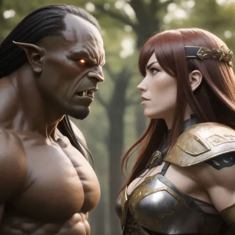 (masterpiece:1.2), (best quality:1.2), (extremely detailed:1.2), (extremely detailed face), (photorealistic:1.2), (ultra detailed), 8k, 1girl, far shot, muscular body, medium boobs, shoulder length hair, dark red hair, tribe tattoos, girl wears warrior armors, angry expression, battle stance, (staring at each other:1.2), look at orc, in colosseum, <lora:orczor_v4.0:1>, (rczor1.2), orc, monster, green skin, muscular, size difference, height difference, tusks,