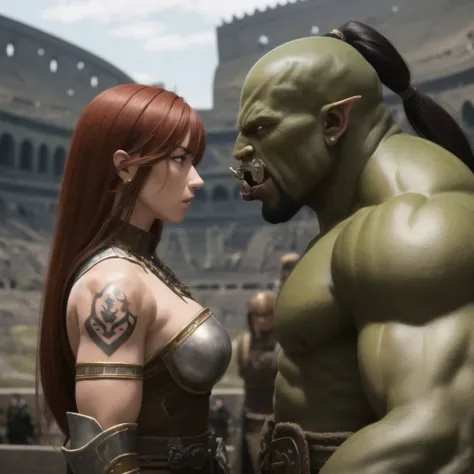 (masterpiece:1.2), (best quality:1.2), (extremely detailed:1.2), (extremely detailed face), (photorealistic:1.2), (ultra detailed), 8k, 1girl, full body shot, muscular body, medium boobs, shoulder length hair, dark red hair, tribe tattoos, girl wears warrior armors, angry expression, battle stance, (staring at each other:1.2), look at orc, in colosseum, <lora:orczor_v4.0:1>, (rczor1.2), orc, monster, green skin, muscular, size difference, height difference, tusks,