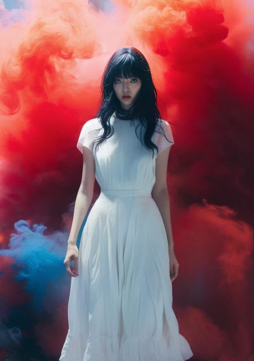 photorealistic,realistic,photography,masterpiece,best quality,ultra-detailed,extremely detailed CG unity 8k wallpaper,1girl,water,full body,red|blue smoke,jeans,white dress,sexy,black long straight hair,<lora:红èçé¾å®æç:1>,