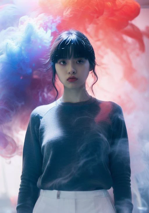 photorealistic,realistic,photography,masterpiece,best quality,ultra-detailed,extremely detailed CG unity 8k wallpaper,1girl,water,red|blue smoke,<lora:红èçé¾å®æç:1>,purple hair,Earlobes,Blue sweater,white pants,take off clothes,<lora:FilmVelvia3:0.5>,