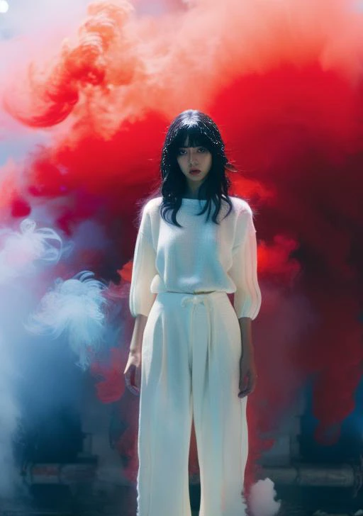 photorealistic,realistic,photography,masterpiece,best quality,ultra-detailed,extremely detailed CG unity 8k wallpaper,1girl,water,full body,red|blue smoke,jeans,white dress,sexy,black long straight hair,<lora:红èçé¾å®æç:1>, purple hair,Earlobes,Blue sweater,white pants,take off clothes,<lora:FilmVelvia3:0.5>,