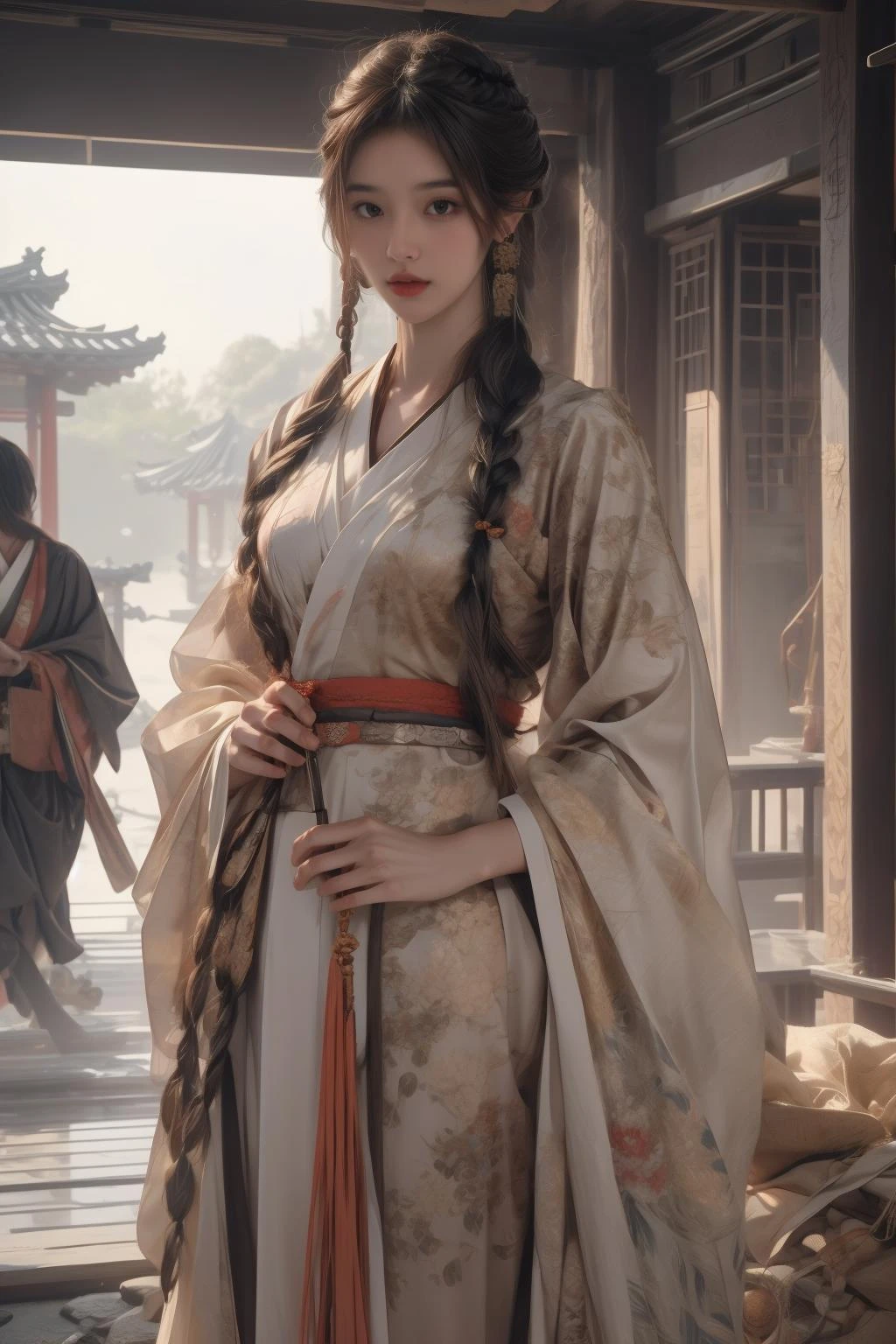 Best Quality,Masterpiece,Ultra High Resolution,(Realisticity:1.4),Original Photo,Cinematic Lighting,
NSFW, 1girl, 20 yo, solo, model shooting pose, medium breasts, nipples, blonde hair, bangs, bun, (tired up short braids), hair ornament, fair skin, full body, pussy, pubic hair, midjourney portrait, (hanfu:1.39), acient east asia architecture, china dress, avatar, lois van baarle, ilya kuvshinov, rossdraws, tom bagshaw, global illumination, radiant light, detailed and intricate environment
<lora:add_detail:0.8> <lora:ClothingAdjuster3:0.2>
<lora:midjourney portrait_20230625143136:0.8>