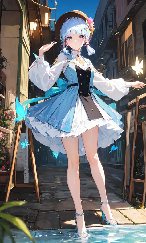 (masterpiece, best quality, ultra-detailed, highres), perfect face, sidelighting, lustrous skin, standing,
(bloom), (shine), lighting, ray tracing, sci-fi, city, street, outdoor, depth_of_field,
blue eyes , high heels, <lora:waterVFX:0.6>, whirlwind of water, hair ornament, bangs, light blue hair, <lora:AyakaSkin_1:0.6>, butterfly hair ornament, kamisato, kamisato ayaka \(heytea\), hat, single hair ring,
