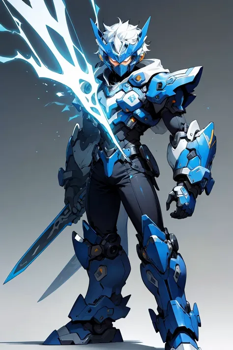 <lora:MMMM_Style:0.8>,standing,1boy,robot,armor looking at the viewer,blue and silver armor,electric cyber sword,intense,mmmm style,solo,simple background,masterpiece,
