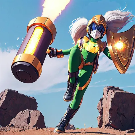 <lora:MMMM_Style:0.65>, (mmmm style:1.1), solo, simple background, <lora:Poppy:0.45>, poppy, yordle, golden (armor:1.1), green bodysuit, mask, twintails, 1girl, android, giant (rocket hammer:1.1), helmet, full body, cel-shading, white hair, shield, rocket thrust,, masterpiece, best quality