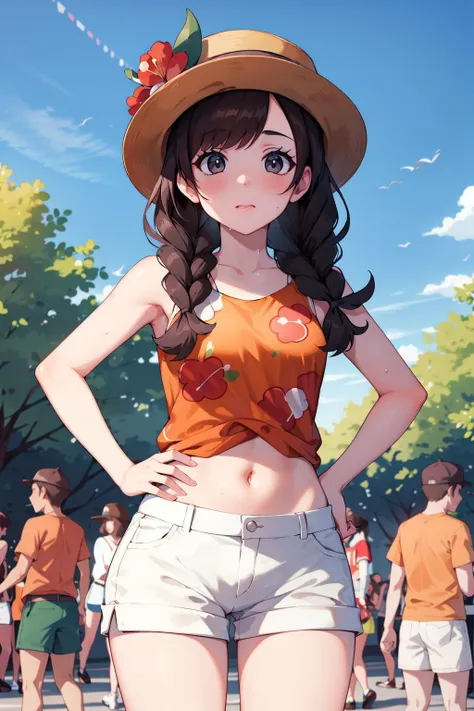 masterpiece, best quality, highres, perfect hands,
selene2, 1girl, solo, white shorts, selene \(pokemon\), twin braids, shirt, hat flower, long hair, bangs, red flower, orange shirt, eyelashes, sleeveless, brown hair, brown headwear, grey eyes, sleeveless shirt, floral print, short shorts,  jewelry, midriff,
medium breasts, thighs, hands on hips, blushing, pouting, sweat,
summer festival, festival, trees, park, store, market, summer, fountain in background,
<lora:selene_(pokemon)_v1:0.6>,