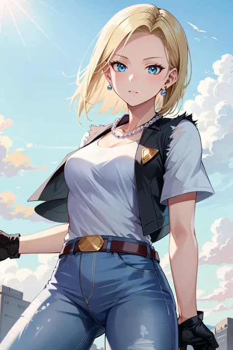 masterpiece, best quality, <lora:android_18_v110:0.55>, and18, 1girl, android 18, solo, blonde hair, blue eyes, belt, jeans, pearl_necklace, bracelet, black gloves, white shirt, short hair, short sleeves, earrings, blue pants, open vest, black vest, medium breasts