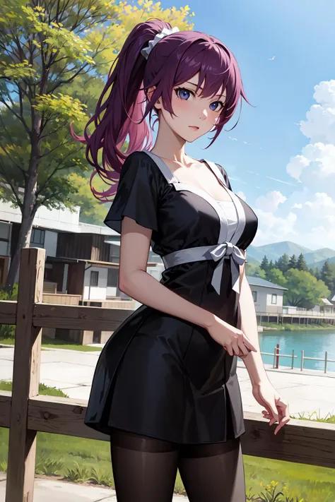 masterpiece, best quality, highres, sh1, senjougahara hitagi, long hair, ponytail, black dress, pantyhose, <lora:senjougahara_hitagi_v2:0.7>, thighs, breasts, outdoors, standing