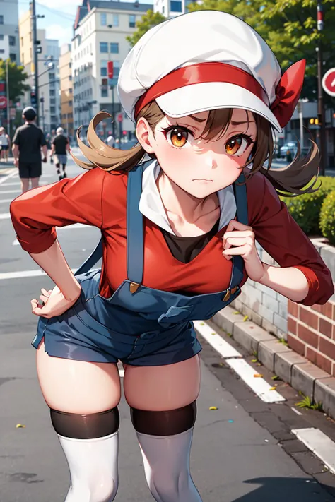 masterpiece, best quality, highres, ly01, overalls, white thighhighs, red bow, red shirt, white headwear, hat bow, eyelashes, <lora:lyra_v1:0.6>, hand on hip, leaning forward, frown, street, thighs, breasts, mature female