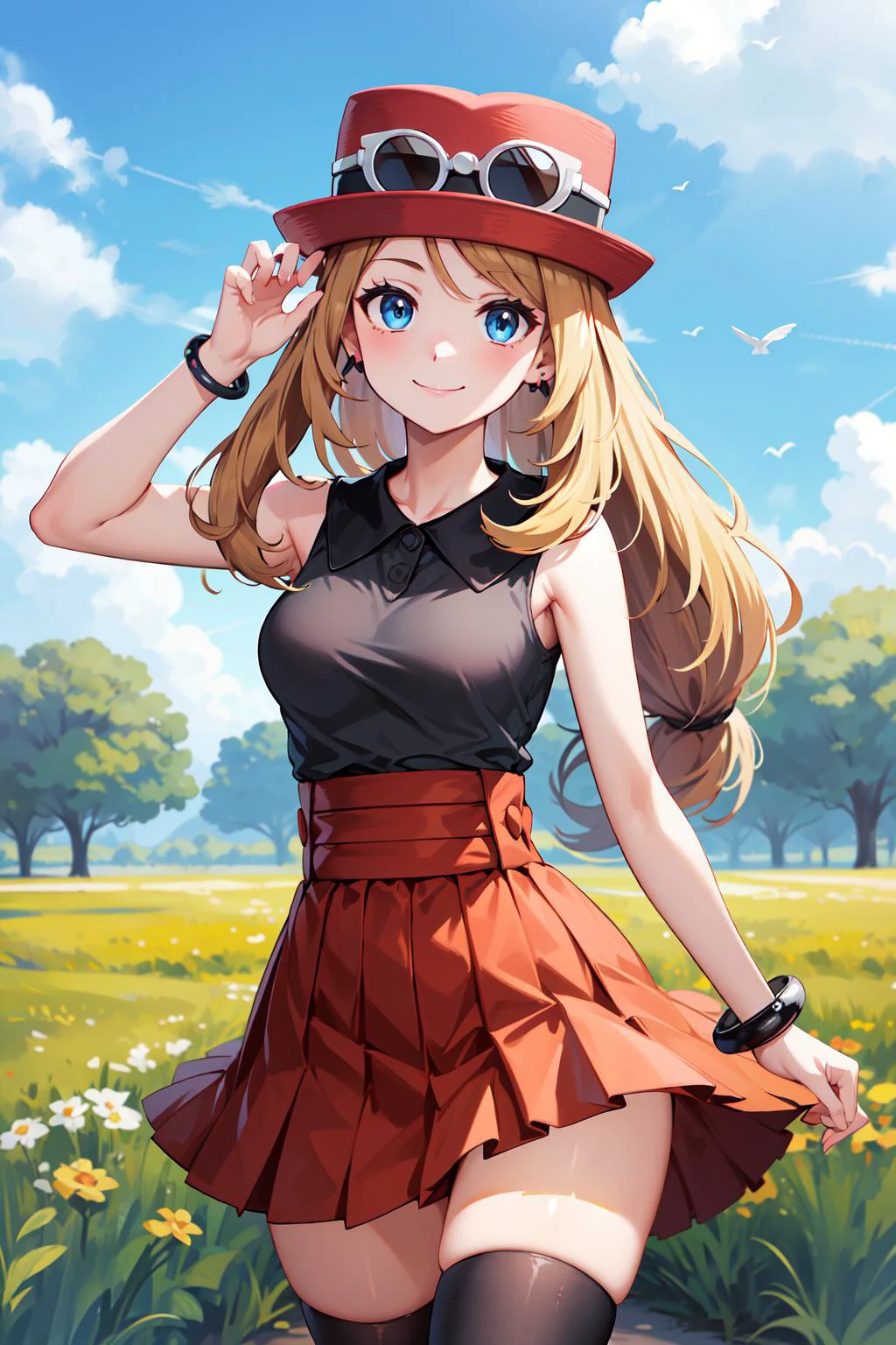 masterpiece, best quality, highres, blue eyes, serena \(pokemon\), 1girl, solo, thighhighs, long hair, hat, jewelry, bracelet, black thighhighs, collared shirt, pleated skirt, red skirt, sleeveless, high-waist skirt, sleeveless shirt, eyelashes, pink headwear, black shirt, eyewear on headwear, <lora:serena_v2:0.6>, thighs, breasts, field, smile, closed mouth