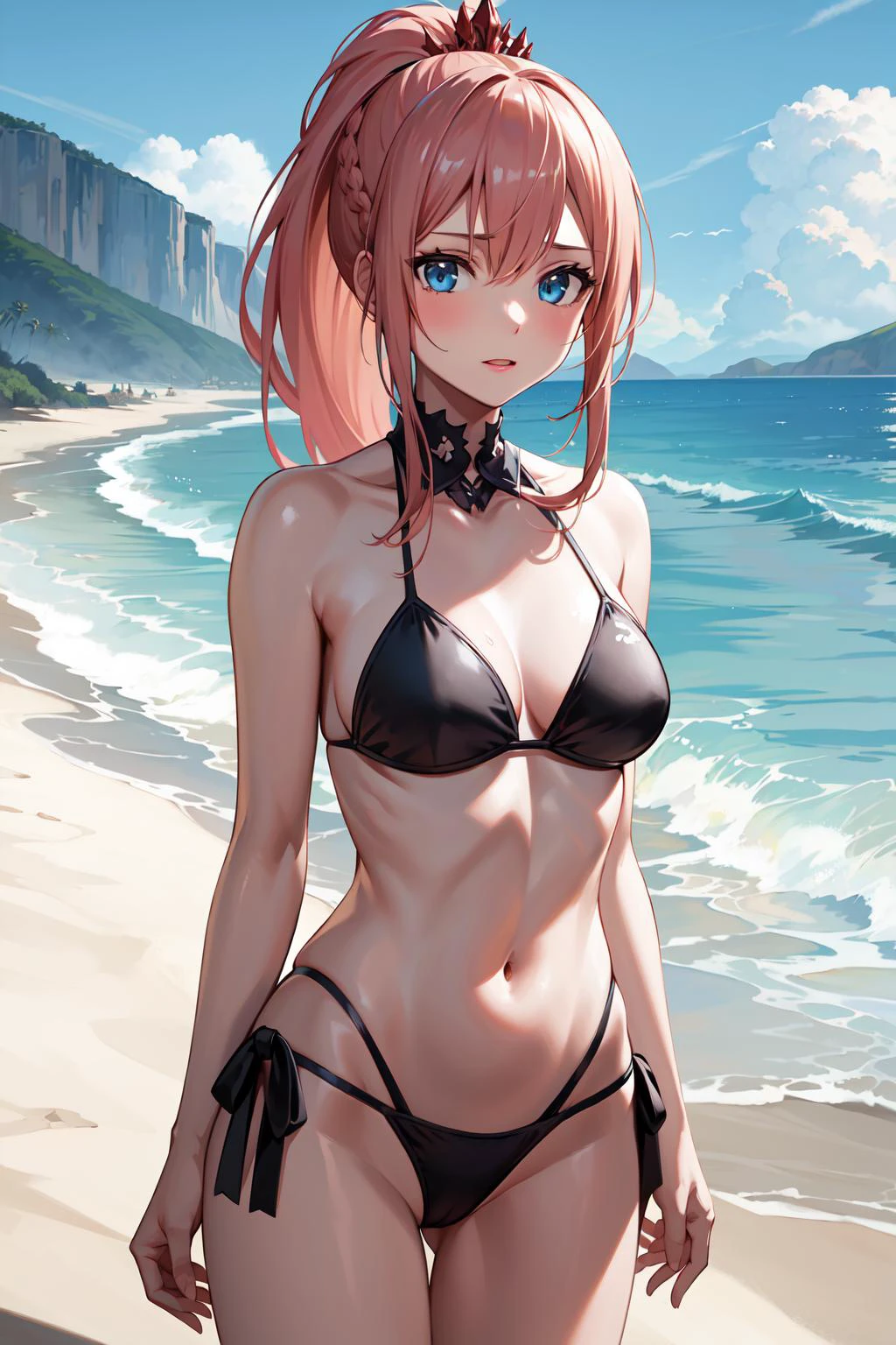 masterpiece, best quality, highres, shionne1, ponytail, 1girl, solo, very long hair, medium breasts, bangs, <lora:shionne_(tales)_v1:0.7>, bikini, cowboy shot, beach