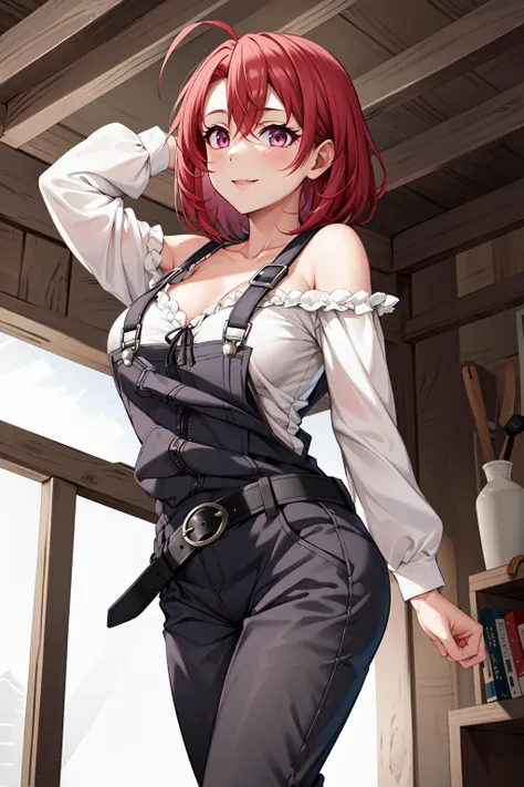 masterpiece, best quality, highres, gscg, ahoge, overalls, white shirt, collarbone, off shoulder, long sleeves, belt, long pants, large breasts, <lora:cow_girl_v1:0.8>, cowboy shot, standing, smile, barn