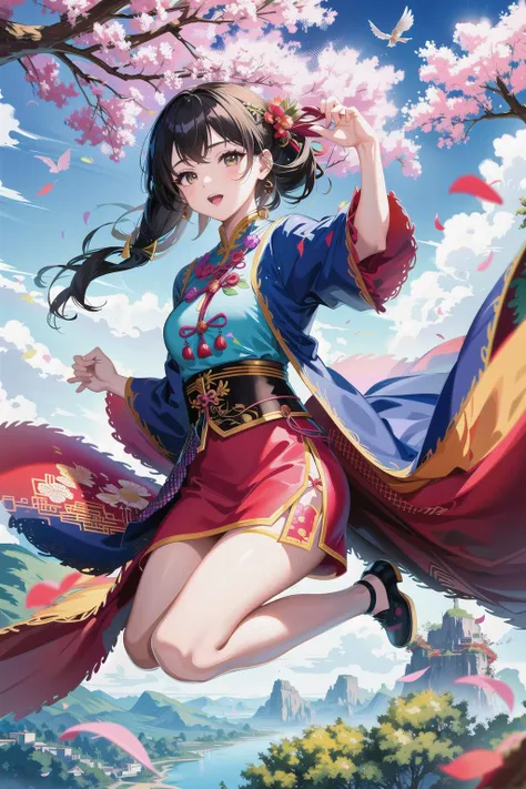 1 girl, solo, full body, female focus, detailed face, Chinese clothing, hanfu, scenery, rainbow, sky, flying birds, lush jungle, tropical flowers, outdoors, fisheyes, masterpiece, top quality, best quality, official art, beautiful and aesthetic, animation, two feet