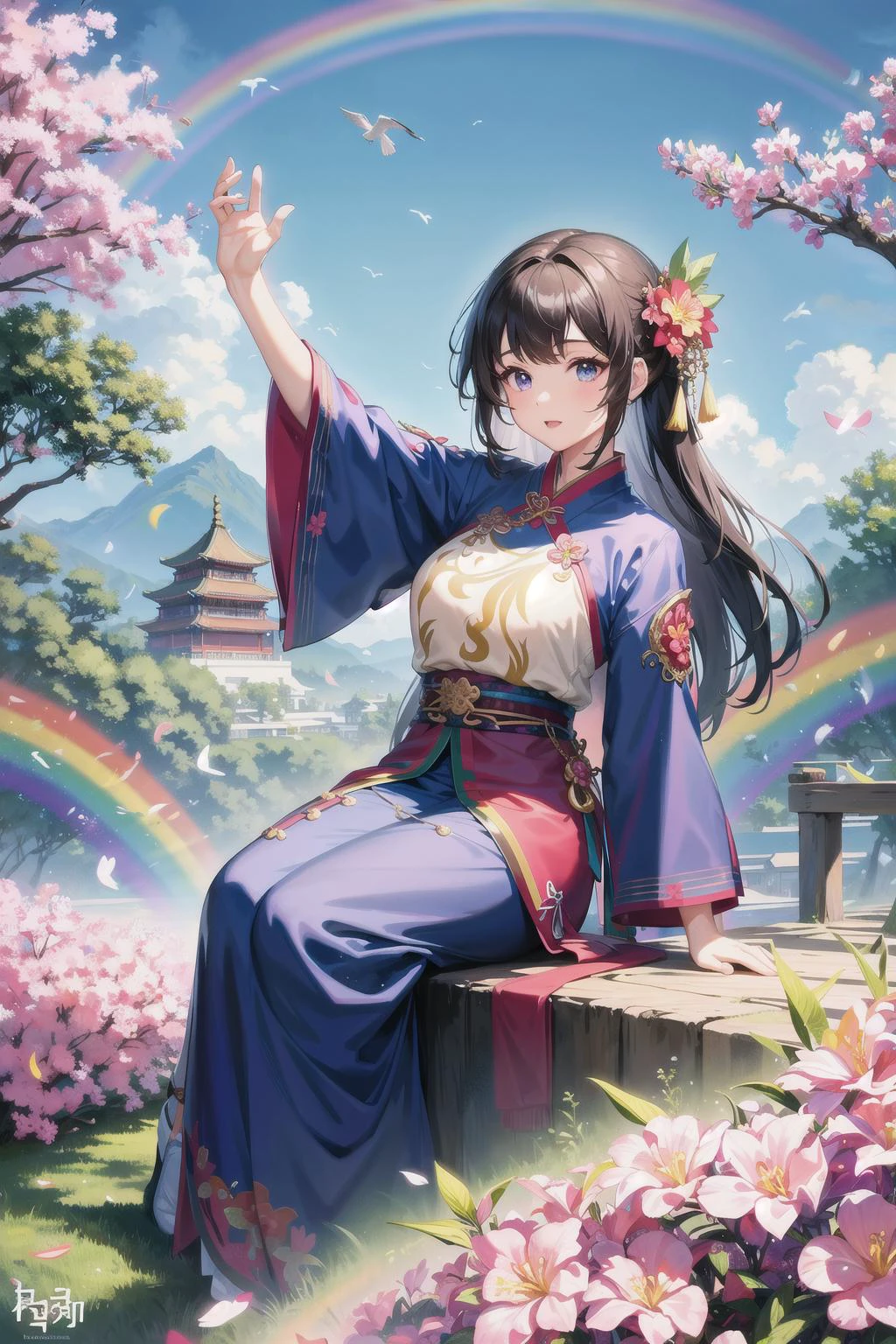 1 girl, solo, full body, female focus, detailed face, Chinese clothing, hanfu, scenery, rainbow, sky, flying birds, lush jungle, tropical flowers, outdoors, fisheyes, masterpiece, top quality, best quality, official art, beautiful and aesthetic, animation, two feet
