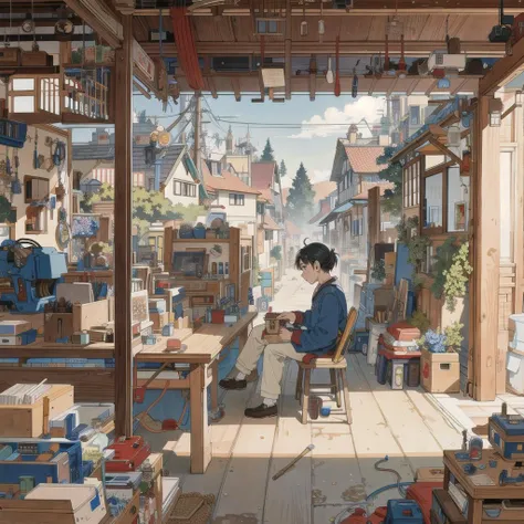 masterpiece, top quality, best quality, official art, beautiful and aesthetic, animation, A busy scene of a small, mechanical town with a boy sitting in his room, surrounded by small machines and tools, fixing something, curiosity and love for invention. <lora:xrs2.0:0.5>