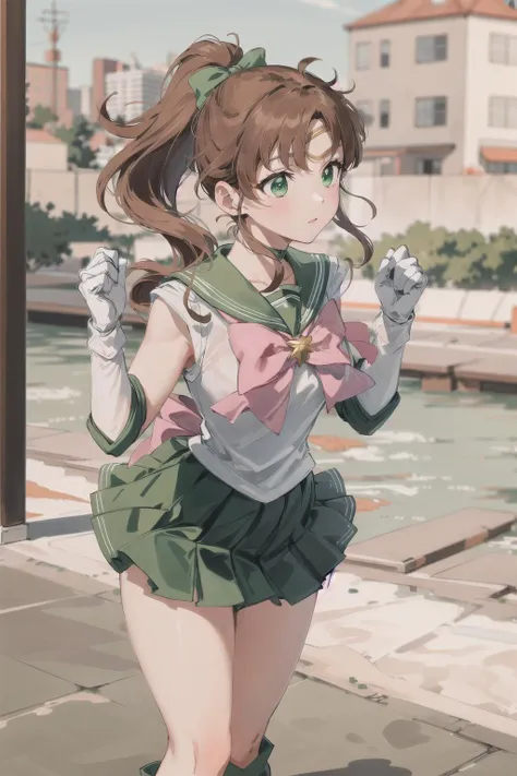 masterpiece, best quality, absurdres, perfect anatomy, SMJupiter, SMJupiterOutfit, green sailor collar, green skirt, sailor senshi uniform, ponytail, standing, green eyes, Brown Hair, pleated skirt, green skirt, Boots, Pink Bow, cowboy shot, dynamic posture, <lora:JupiterLORA:0.7>, outdoor, city, 1girl, <lora:xrs2.0:0.5>