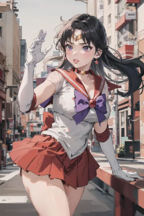 masterpiece, best quality, absurdres, perfect anatomy, 1girl,breasts,gloves,lips,solo,sama1,tiara,sailor senshi uniform,white gloves,red sailor collar,red skirt,star choker,elbow gloves,pleated skirt,bare legs,purple bow,<lora:sailor_mars_v1:0.7>,cowboy shot, dynamic posture, outdoor, city, 1girl, <lora:xrs2.0:0.5>