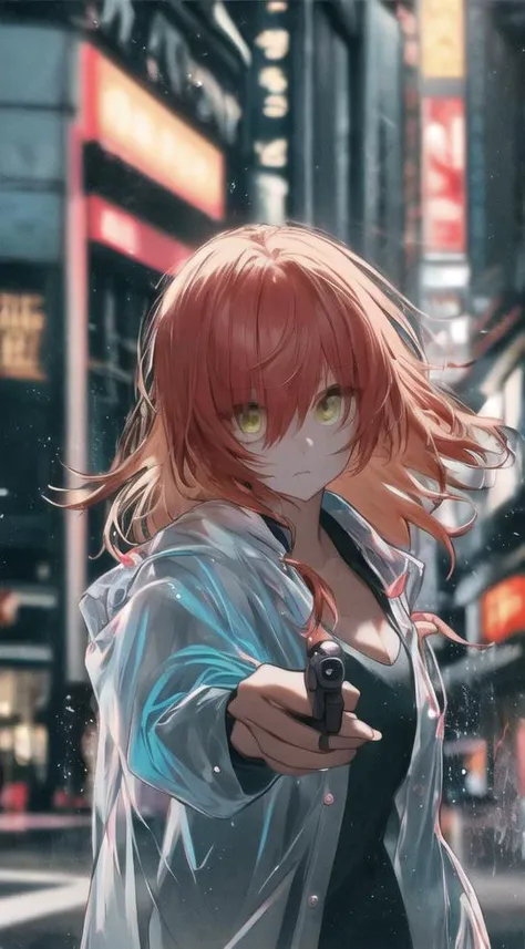 <lora:Plastic coat_20230530052249:0.6>, ( (wearing orange Plastic raincoat:1.1),(Translucent material:1.3),see-through),blace shirt,1girl, green eyes, hair between eyes, middle breast,long hair, solo ,red hair,(expressionless:1.2),<lyco:kita_locon_v1a:1.2>, Full-Shot Angle,Full-Shot Angle,cyberpunk city,street,heavy rain,neo sign,dark shot,night,science fiction,steamy,Cool colors,aiming at viewer,(holding pistol:1.2), (handgun:1.3), <lora:LoraGoth:1.2>