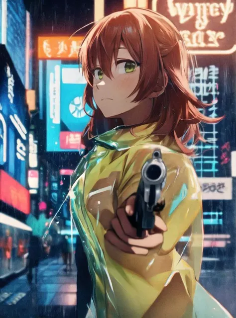 <lora:Plastic coat_20230530052249:0.6>, ( (wearing orange Plastic raincoat:1.1),(Translucent material:1.3),see-through),blace shirt,1girl, green eyes, hair between eyes, middle breast,long hair, solo ,red hair,(expressionless:1.2),<lyco:kita_locon_v1a:1.2>, Full-Shot Angle,Full-Shot Angle,cyberpunk city,street,heavy rain,neo sign,dark shot,night,science fiction,steamy,Cool colors,aiming at viewer,(holding pistol:1.1), (handgun:1.2), <lora:LoraGoth:1.2> <lora:Blade Runner v.2.2:0.4>