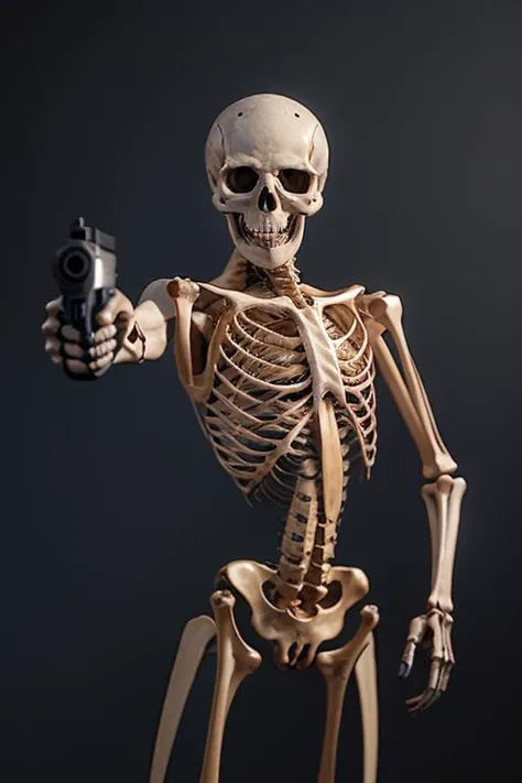 <lora:LoraGoth:1>,a skeleton  ((aiming at viewer)),pistol,holding pistol