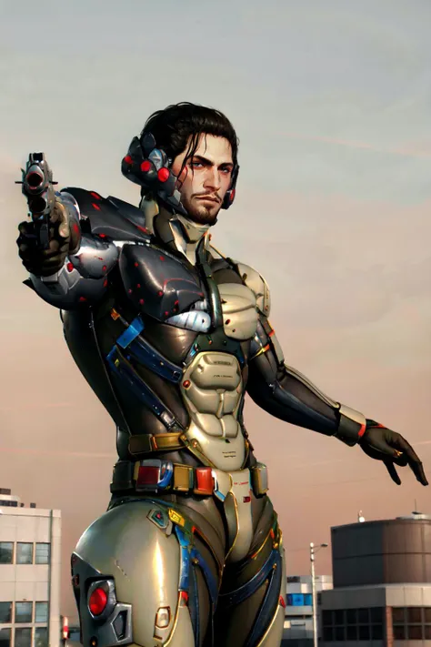 Highly detailed, High Quality, Masterpiece, beautiful, aiming at viewer, holding pistol, handgun, <lora:Pos_AimingHandgunAtViewer:1>, Jetstream Sam, facial hair, male focus, beard, cyborg, <lora:Char_MGR_JetstreamSam:0.9>, (detailed face and eyes:1.3)