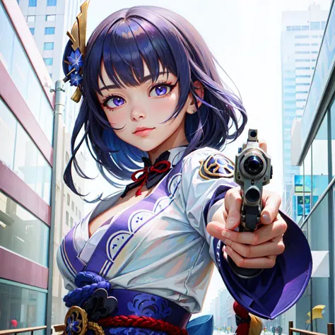 Highly detailed, High Quality, Masterpiece, beautiful, aiming at viewer, holding pistol, handgun, <lora:Pos_AimingHandgunAtViewer:1>, Raiden_Shogun_\(genshin impact\), Raiden_Shogun:1.2, blue hair, long hair, <lora:Char_GenshinImpact_RaidenShogun:0.8>