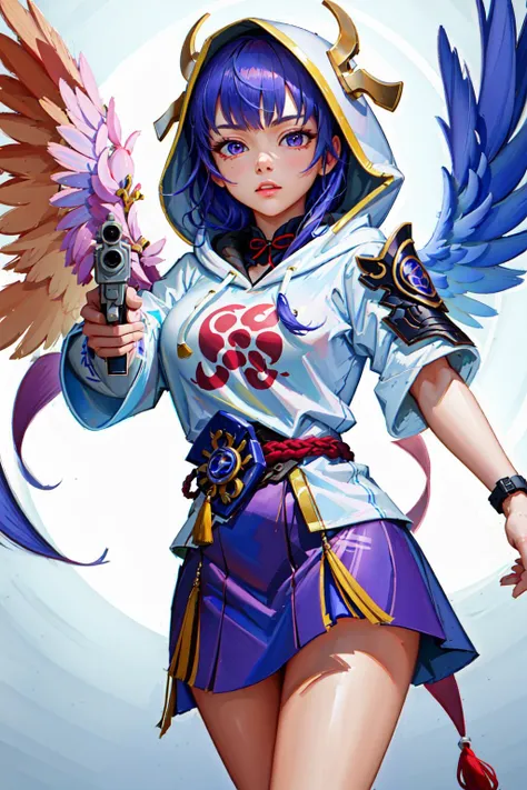 Highly detailed, High Quality, Masterpiece, beautiful, aiming at viewer,  holding pistol, handgun, <lora:Pos_AimingHandgunAtViewer:1>, Raiden_Shogun_\(genshin impact\), Raiden_Shogun:1.2, blue hair, long hair, <lora:Char_GenshinImpact_RaidenShogun:0.8>, hoodie, wearing [walkure_armor, viking|hoodie], WINGS, viking, hoodie, [woman|walkure], <lora:Outfit_HoodiesValkyrie:0.75>