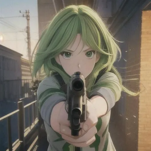 anime, anime style, render, 3D, detailed shadows, 1girl, detailed eyes, long light green hair, aiming at viewer, holding pistol, handgun, highly detailed, best quality, high quality, 4K, HDR, Full HD, masterpiece, <lora:LoraGoth-10:1>