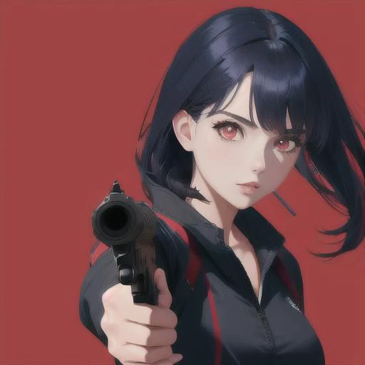 1girl, Red (RYB) eyes, long dark blue hair, aiming at viewer, holding pistol, handgun, masterpiece, detailed shadows, detailed light, highly detailed, best quality, HD, 4K, high quality, <lora:LoraGoth-10:1>