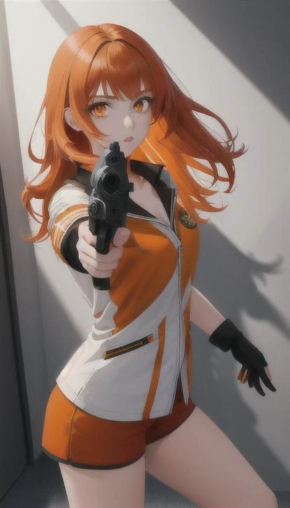 1girl, orange eyes , long orange hair , aiming at viewer, holding pistol, handgun, masterpiece, detailed shadows, detailed light, highly detailed, best quality, HD, 4K, high quality, <lora:LoraGoth-10:1>