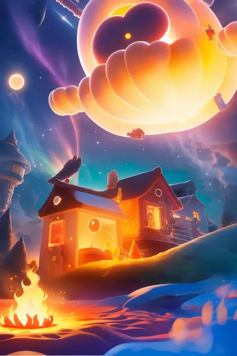 changjing_3d, ((best quality)), ((masterpiece)),no_humans, campfire, crescent_moon, fire, moon, night, night_sky, shooting_star, sky, star_\(sky\), star_\(symbol\), planet, cloud, space, city_lights, galaxy, aurora, constellation, milky_way, flame, dusk, sunset, city, christmas_tree, explosion, twilight, torch, rocket, embers, house, tree <lora:changjing_v1:1>