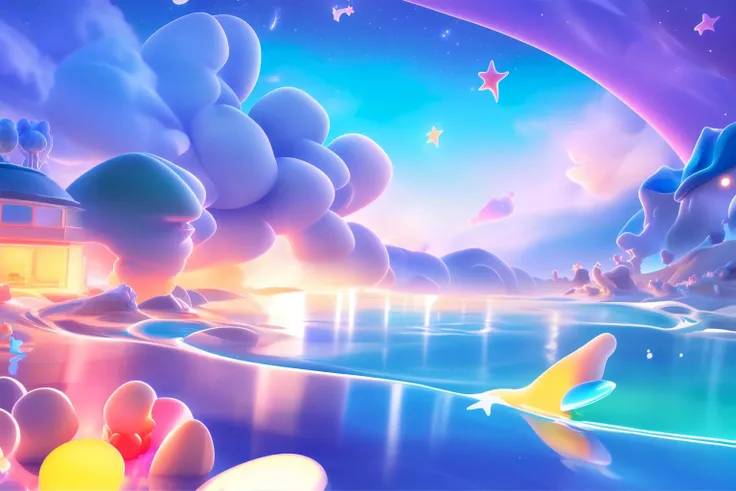 changjing_3d, ((best quality)), ((masterpiece))changjing_3d, no_humans, cloud, sky, star_\(sky\), blue_sky, sparkle, day, ocean, moon, planet, shooting_star, cloudy_sky, outdoors, water, horizon, space, night, night_sky, bird, rainbow, beach <lora:changjing_v1:1>