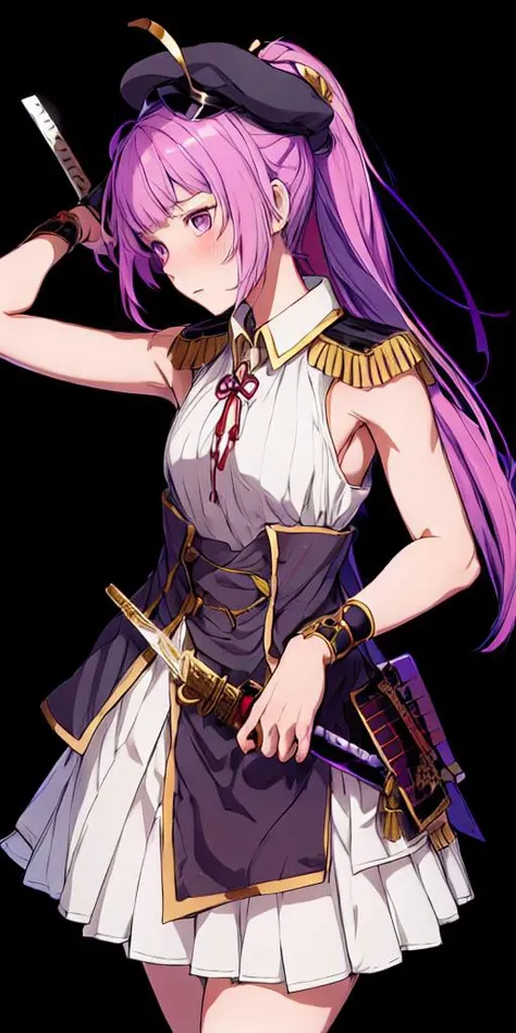 oda nobuhime,<lora:oda nobuhime:0.8>,1girl, weapon, solo, hair, sword, long hair, hat, purple eyes, skirt, ponytail, white skirt, pleated skirt, sleeveless, sheathed, katana, sheath, bangs, blush, very long hair, black headwear,<lora:flat2:-0.5>,<lora:boldline2:-0.5>,<lora:saturation:0.5>,<lora:noline:-0.5>,<lora:flatBG:0.5>,<lyco:kotobuki:-0.75>