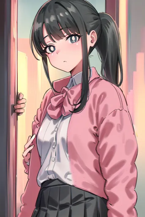 yorumacgirlfriend, <lyco:yoru mac girlfriend-lyco-nochekaiser:1>,
yoru mac girlfriend, bangs, black hair, ponytail, sidelocks, (black eyes:1.2), (bright pupils:1.5),
jacket, (pink jacket:1.5), skirt, shirt, bow, school uniform, white shirt, pleated skirt, bowtie, black skirt, black footwear, kneehighs,
BREAK indoors, restaurant,
BREAK looking at viewer, (cowboy shot:1.5),
BREAK <lyco:GoodHands-beta2:1>, (masterpiece:1.2), best quality, high resolution, unity 8k wallpaper, (illustration:0.8), (beautiful detailed eyes:1.6), extremely detailed face, perfect lighting, extremely detailed CG, (perfect hands, perfect anatomy),