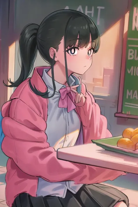 yorumacgirlfriend, <lyco:yoru mac girlfriend-lyco-nochekaiser:1>,
yoru mac girlfriend, bangs, black hair, ponytail, sidelocks, (black eyes:1.2), (bright pupils:1.5),
jacket, (pink jacket:1.5), skirt, shirt, bow, school uniform, white shirt, pleated skirt, bowtie, black skirt, black footwear, kneehighs,
BREAK indoors, restaurant,
BREAK looking at viewer, (cowboy shot:1.5),
BREAK <lyco:GoodHands-beta2:1>, (masterpiece:1.2), best quality, high resolution, unity 8k wallpaper, (illustration:0.8), (beautiful detailed eyes:1.6), extremely detailed face, perfect lighting, extremely detailed CG, (perfect hands, perfect anatomy),