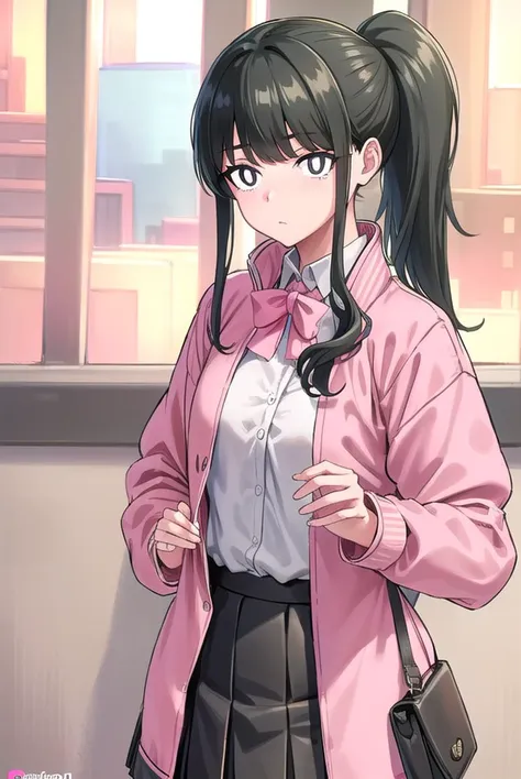 yorumacgirlfriend, <lyco:yoru mac girlfriend-lyco-nochekaiser:0.8>,
yoru mac girlfriend, bangs, black hair, ponytail, sidelocks, (black eyes:1.2), (bright pupils:1.5),
jacket, (pink jacket:1.5), skirt, shirt, bow, school uniform, white shirt, pleated skirt, bowtie, black skirt, black footwear, kneehighs,
BREAK indoors, restaurant,
BREAK looking at viewer,
BREAK <lyco:GoodHands-beta2:1>, (masterpiece:1.2), best quality, high resolution, unity 8k wallpaper, (illustration:0.8), (beautiful detailed eyes:1.6), extremely detailed face, perfect lighting, extremely detailed CG, (perfect hands, perfect anatomy),