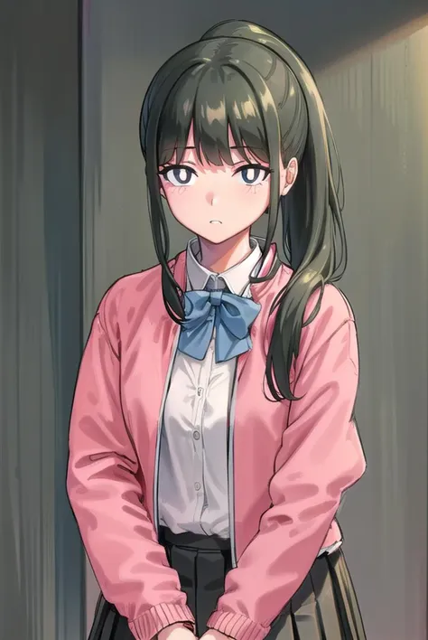 yorumacgirlfriend, <lyco:yoru mac girlfriend-lyco-nochekaiser:1>,
yoru mac girlfriend, bangs, black hair, ponytail, sidelocks, (black eyes:1.2), (bright pupils:1.5),
jacket, (pink jacket:1.5), skirt, shirt, bow, school uniform, white shirt, pleated skirt, bowtie, black skirt, black footwear, kneehighs,
BREAK indoors, restaurant,
BREAK looking at viewer, (cowboy shot:1.5),
BREAK <lyco:GoodHands-beta2:1>, (masterpiece:1.2), best quality, high resolution, unity 8k wallpaper, (illustration:0.8), (beautiful detailed eyes:1.6), extremely detailed face, perfect lighting, extremely detailed CG, (perfect hands, perfect anatomy),