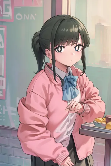 yorumacgirlfriend, <lyco:yoru mac girlfriend-lyco-nochekaiser:1>,
yoru mac girlfriend, bangs, black hair, ponytail, sidelocks, (black eyes:1.2), (bright pupils:1.5),
jacket, (pink jacket:1.5), skirt, shirt, bow, school uniform, white shirt, pleated skirt, bowtie, black skirt, black footwear, kneehighs,
BREAK indoors, restaurant,
BREAK looking at viewer, (cowboy shot:1.5),
BREAK <lyco:GoodHands-beta2:1>, (masterpiece:1.2), best quality, high resolution, unity 8k wallpaper, (illustration:0.8), (beautiful detailed eyes:1.6), extremely detailed face, perfect lighting, extremely detailed CG, (perfect hands, perfect anatomy),