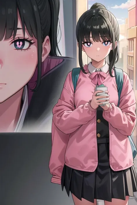 yorumacgirlfriend, <lyco:yoru mac girlfriend-lyco-nochekaiser:0.8>,
yoru mac girlfriend, bangs, black hair, ponytail, sidelocks, (black eyes:1.2), (bright pupils:1.5),
jacket, (pink jacket:1.5), skirt, shirt, bow, school uniform, white shirt, pleated skirt, bowtie, black skirt, black footwear, kneehighs,
BREAK indoors, restaurant,
BREAK looking at viewer,
BREAK <lyco:GoodHands-beta2:1>, (masterpiece:1.2), best quality, high resolution, unity 8k wallpaper, (illustration:0.8), (beautiful detailed eyes:1.6), extremely detailed face, perfect lighting, extremely detailed CG, (perfect hands, perfect anatomy),