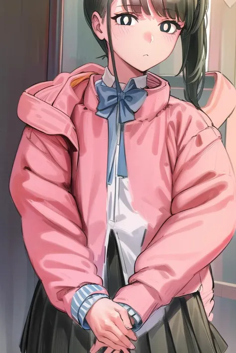 yorumacgirlfriend, <lyco:yoru mac girlfriend-lyco-nochekaiser:1>,
yoru mac girlfriend, bangs, black hair, ponytail, sidelocks, (black eyes:1.2), (bright pupils:1.5),
jacket, (pink jacket:1.5), skirt, shirt, bow, school uniform, white shirt, pleated skirt, bowtie, black skirt, black footwear, kneehighs,
BREAK indoors, restaurant,
BREAK looking at viewer, (cowboy shot:1.5),
BREAK <lyco:GoodHands-beta2:1>, (masterpiece:1.2), best quality, high resolution, unity 8k wallpaper, (illustration:0.8), (beautiful detailed eyes:1.6), extremely detailed face, perfect lighting, extremely detailed CG, (perfect hands, perfect anatomy),